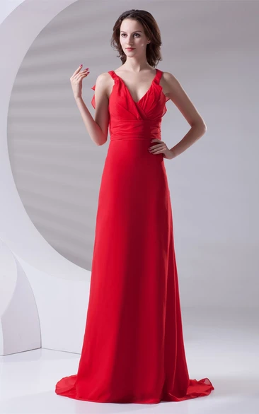 Plunged Floor-Length Chiffon Sweep Train and Dress With Ruching