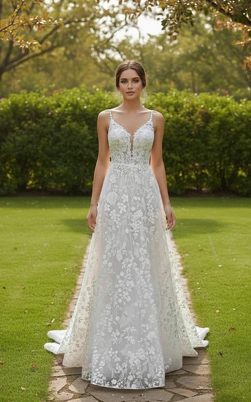 Spaghetti Floral Lace A-line Wedding Dress