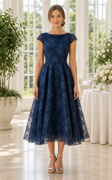Dark Navy Lace Cap Sleeve Tea-length A-Line Dress