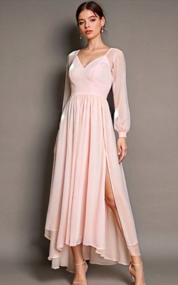 Chiffon Puff Long Sleeve Front Split Pleated Ankle-length Dress