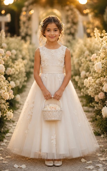 A-line Floor Length Sleeveless Tulle Lace Flower Girl Dress with Ivory lace bodice and full tulle flower girl skirt
