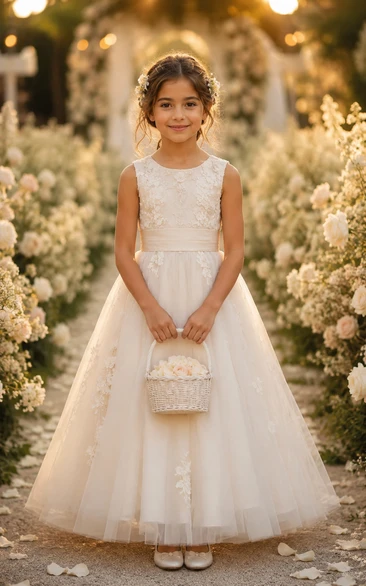 A-line Floor Length Sleeveless Tulle Lace Flower Girl Dress with Ivory lace bodice and full tulle flower girl skirt