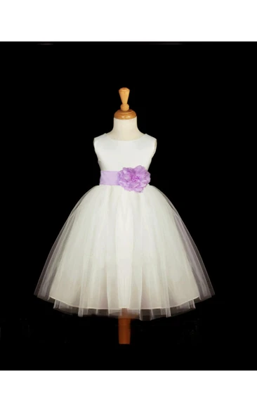 Scoop Neckline Sleeveless Empire Tulle Ball Gown With Floral Sash