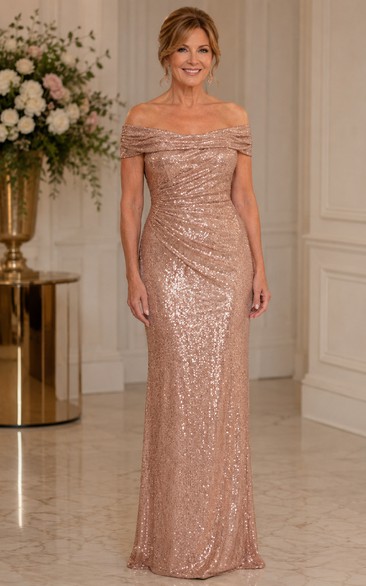 Blushing Pink Off-the-Shoulder Sequin Sheath Mother Dress