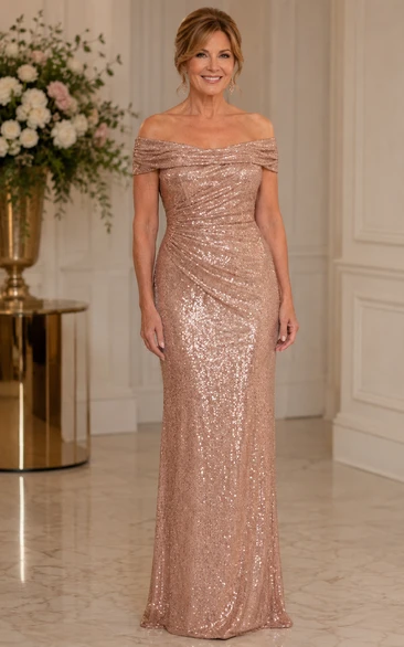 Blushing Pink Off-the-Shoulder Sequin Sheath Mother Dress