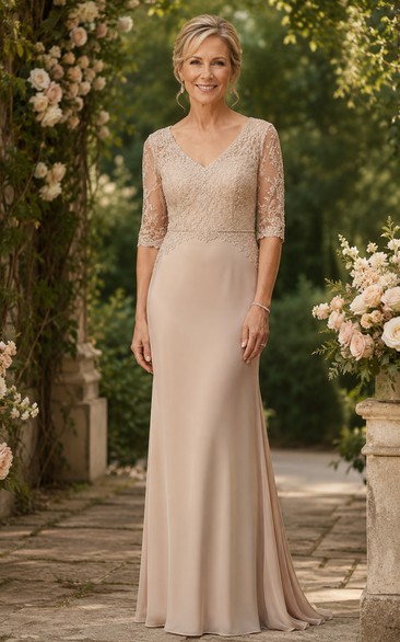 Champagne Sheath Lace 3/4 Sleeve Floor-Length Mother Dress