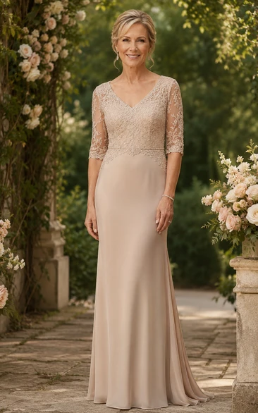 Champagne Sheath Lace 3/4 Sleeve Floor-Length Mother Dress