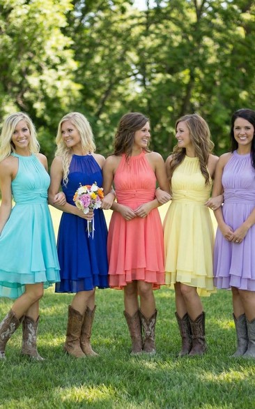 Country Style Scoop Neck Mini Chiffon Dress