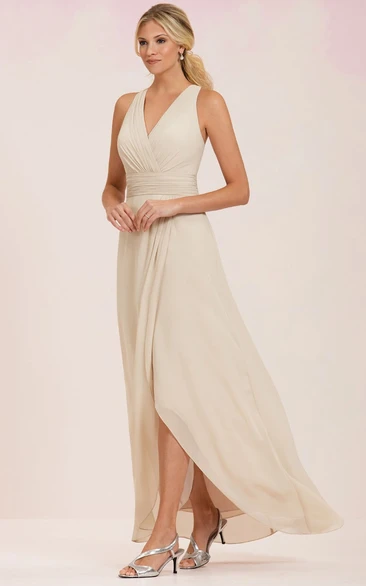 Sleeveless V-Neck Long Bridesmaid Dress With Front Slit And Pleats