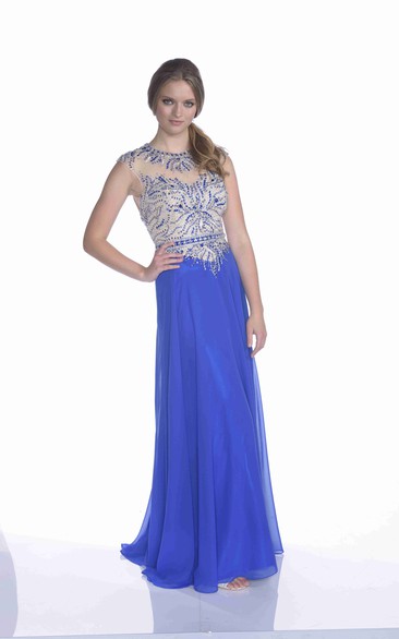 Sheath Cap Sleeve Chiffon Prom Dress Featuring Keyhole Back And Beaded Bodice