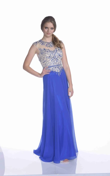 Sheath Cap Sleeve Chiffon Prom Dress Featuring Keyhole Back And Beaded Bodice