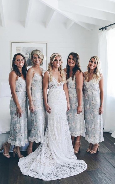 Lace Empire V-neck Sleeveless Elegant Low-v Back Sheath Wedding Dress