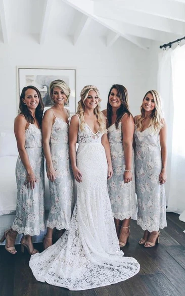 Lace Empire V-neck Sleeveless Elegant Low-v Back Sheath Wedding Dress