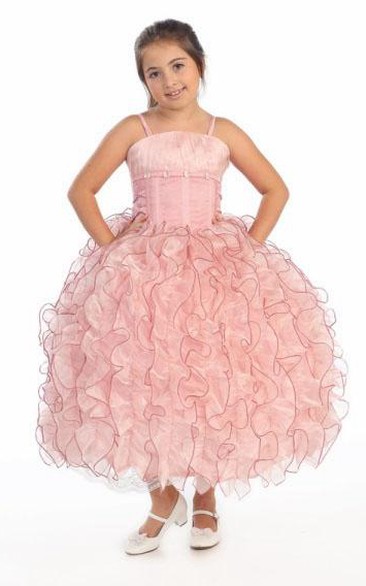 Spaghetti Long Tiered Ruffled Lace&Organza Flower Girl Dress