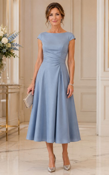 Steel Blue Cap Sleeve Tea-length Satin Dress
