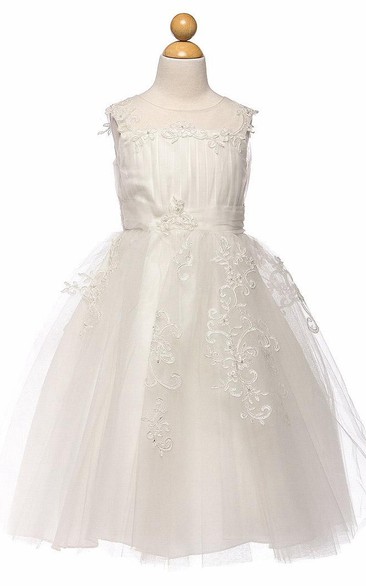 Tea-Length Embroideried Pleated Tiered Tulle Flower Girl Dress With Split Front