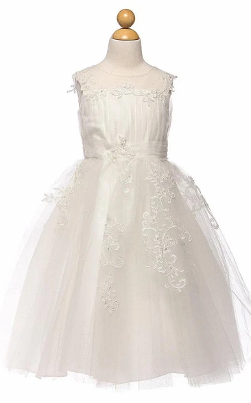 Tea-Length Embroideried Pleated Tiered Tulle Flower Girl Dress With Split Front