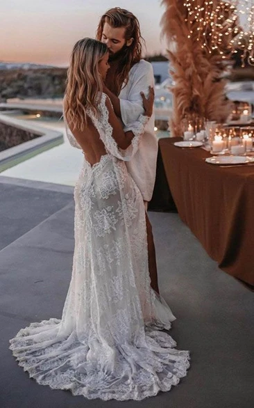 Bohemian Open-Back Lace Wedding Dress with Chapel Train