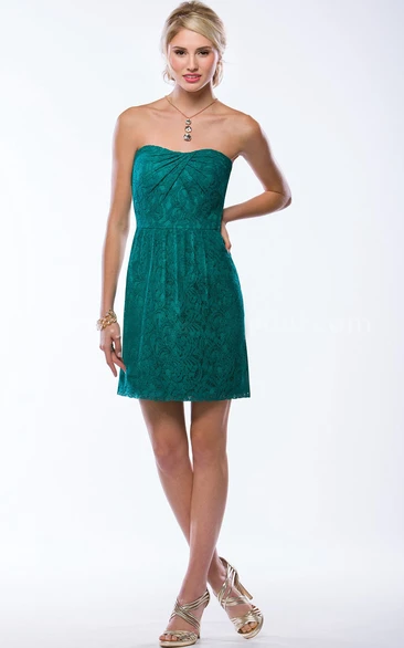 Strapless Short Lace Bridesmaid Dress With Pleats And Keyhole Back