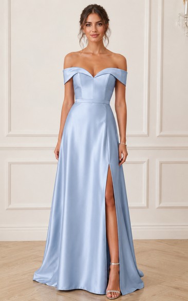 A-Line Off-the-Shoulder Short Sleeve Satin Prom Dress with Slit