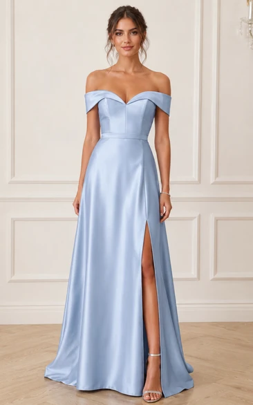 A-Line Off-the-Shoulder Short Sleeve Satin Prom Dress with Slit