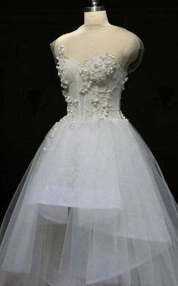 A-Line Long Sleeve Bell Beading Appliques Flower Zipper Keyhole Tulle Lace Dress