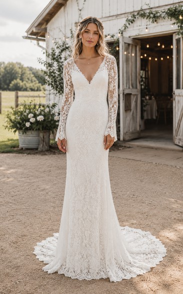 Long Sleeve Mermaid Lace Country Wedding Dress with Low V Back and Train