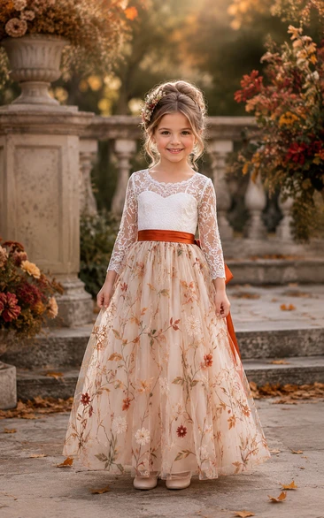 Ivory Boho Long Sleeve A-Line Lace Flower Girl Dress with Floral Details, Bow Sash