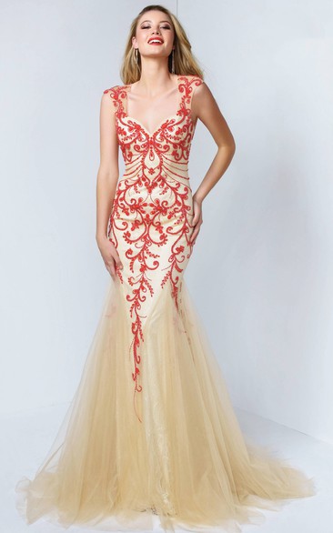 Mermaid Cap-Sleeve Tulle Keyhole Dress With Lace And Beading