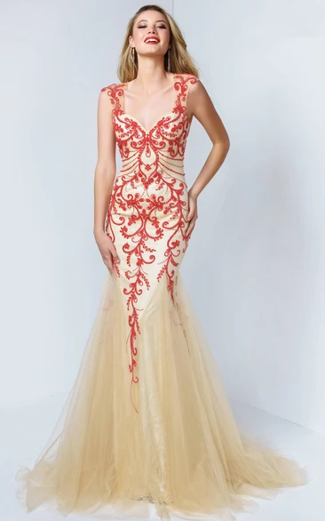 Mermaid Cap-Sleeve Tulle Keyhole Dress With Lace And Beading