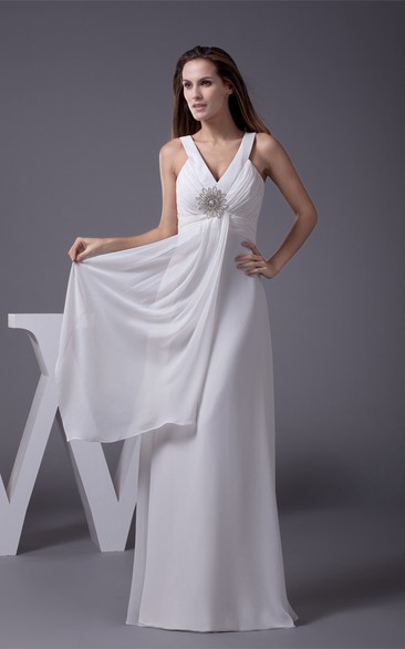 Sleeveless V-Neck A-Line Floor Length Dress With Side Draping and Flowered Beadings