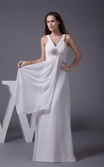 Sleeveless V-Neck A-Line Floor Length Dress With Side Draping and Flowered Beadings