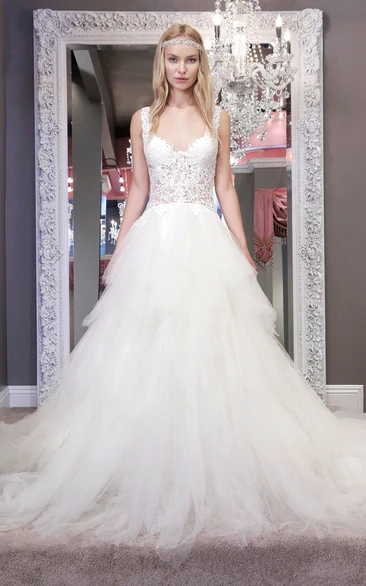 Ball-Gown Lace Long V-Neck Sleeveless Tulle Wedding Dress With Backless Style And Ruffles