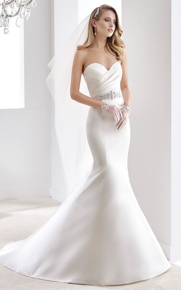 Sweetheart Satin Mermaid Wedding Dress With Pleated Bodice And Beaded Belt
