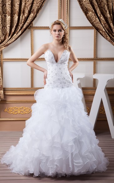 Deep-V-Neck A-Line Ruffled Dress With Crystal Detailing