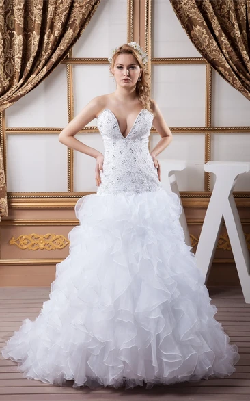 Deep-V-Neck A-Line Ruffled Dress With Crystal Detailing