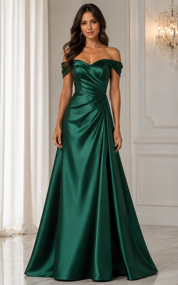 A-Line Off-the-Shoulder Short Sleeve Satin Prom Dress with Ruching