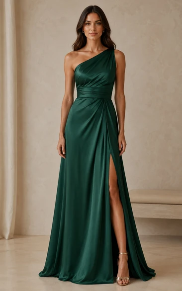 One-Shoulder Satin A-Line Evening Dress with Split