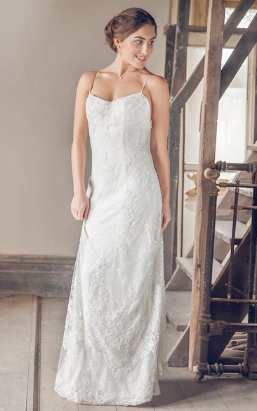 Long Spaghetti Sleeveless Appliqued Lace Wedding Dress