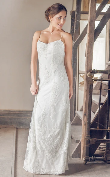 Long Spaghetti Sleeveless Appliqued Lace Wedding Dress