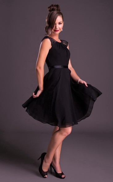 Mini Cap Sleeve Beaded Scoop Neck Chiffon Bridesmaid Dress With Ribbon