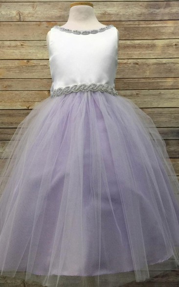 Tea-Length V-Neck Beaded Tulle&Satin Flower Girl Dress