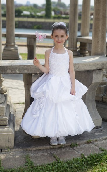 Flower Girl Halter Taffeta Long Dress With Ruffled Skirt