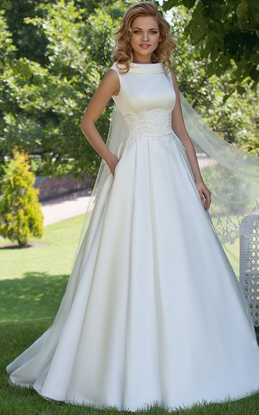 A-Line High Neck Sleeveless Satin Simple Wedding Dress With Lace And Lace Up
