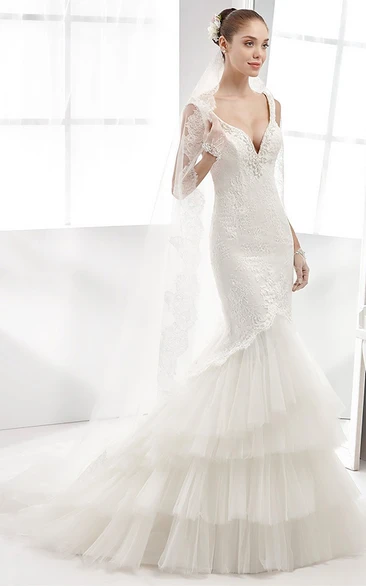 Deep-V Sheath Lace Gown With Tiers Tulle Train And Open Back