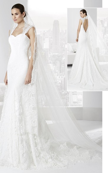 Sheath Appliqued Queen-Anne Floor-Length Lace Wedding Dress