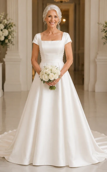 Square Neck Satin A-Line Older Brides Wedding Dress with Chapel Train