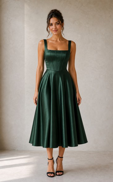 Dark Green Square Neck Satin Tea-Length A-Line Dress