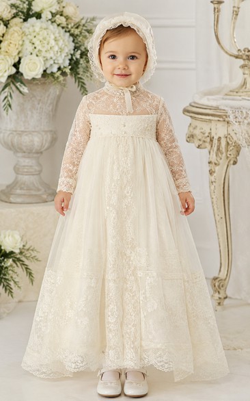 Baby Christening Gown Modest Princess Ball Gown Long Sleeve Illusion Tulle Lace Floor-Length with Bow Sash in Ivory