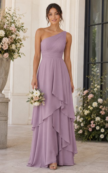 Lavender One-Shoulder Cascading Ruffle Chiffon Bridesmaid Dress